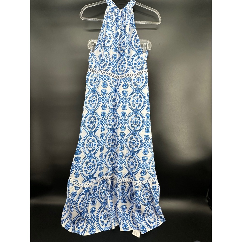 CUPSHE Women's Midi Dress Blue & White Ornate Halterneck Sleeveless Summer Dress